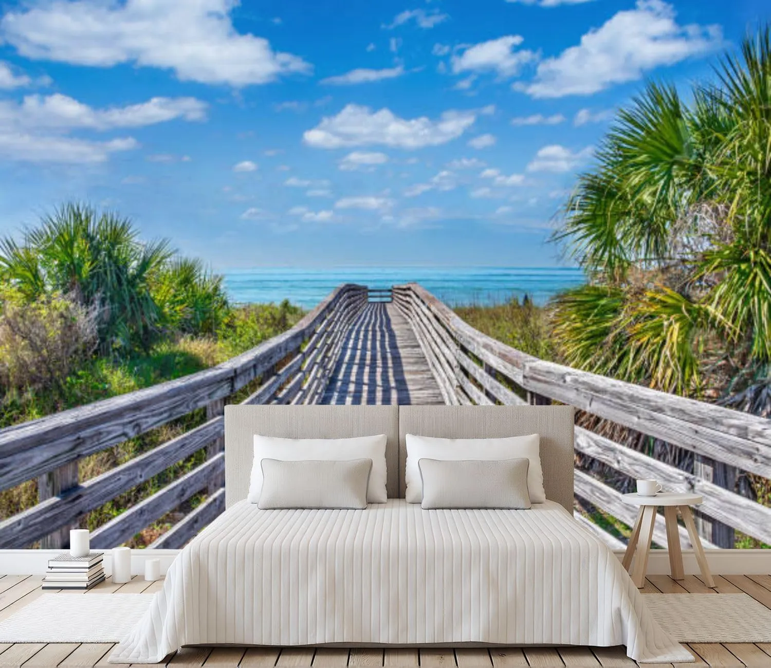 Wall Mural Wooden Boardwalk to Beach Surrounded by Palm Trees Florida Silk Removable Wallpaper 3D Large Wall Mural Sticker Home Decor for Living Room Bedroom 69"x96" (Not Self-Adhesive)
