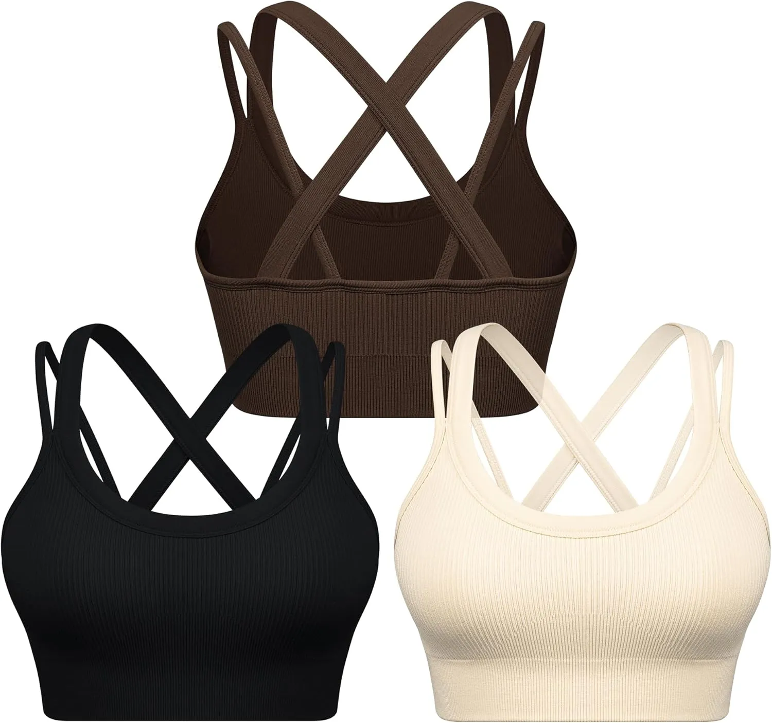 WANAYOU Sports Bras for Women High Support Ribbed Strappy Running Sports Bra Criss Cross Back Workout Bra Padded 3 Pack