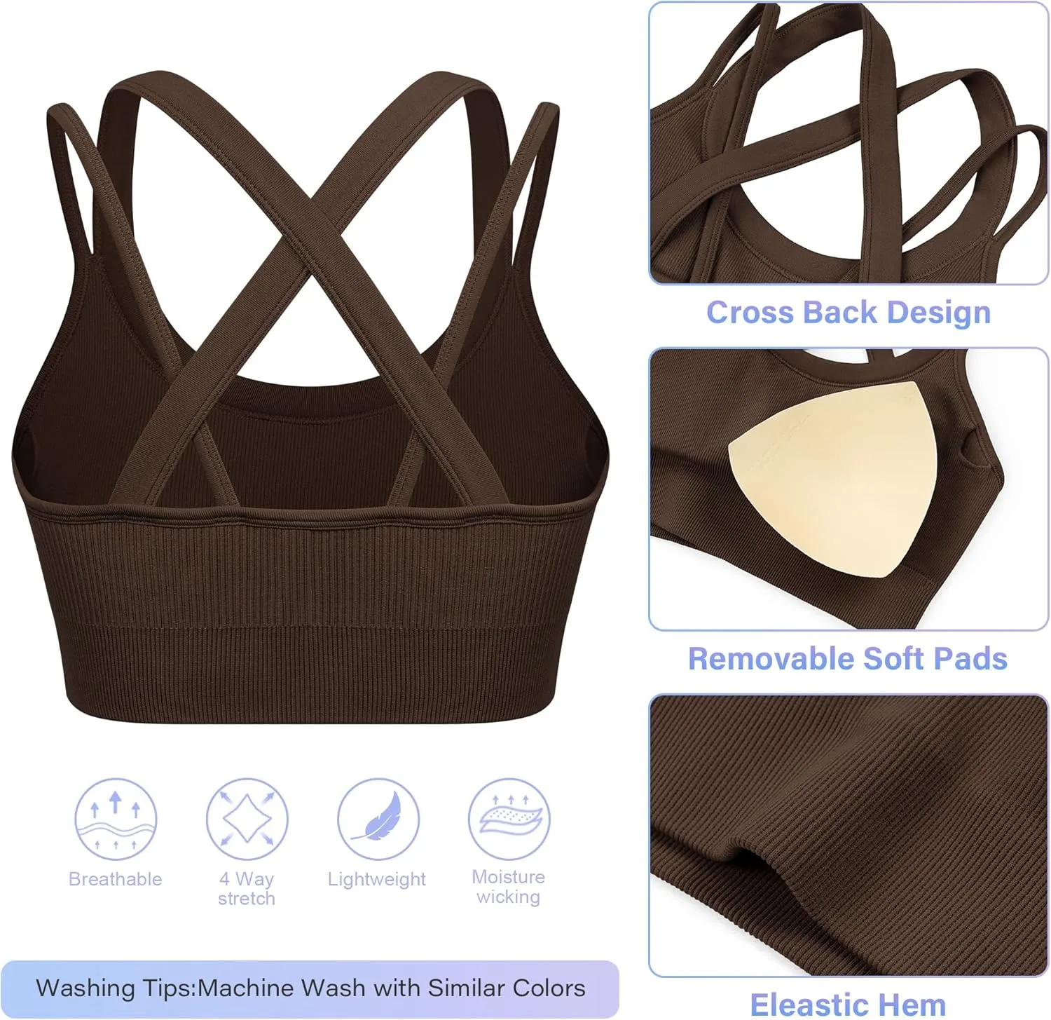 WANAYOU Sports Bras for Women High Support Ribbed Strappy Running Sports Bra Criss Cross Back Workout Bra Padded 3 Pack