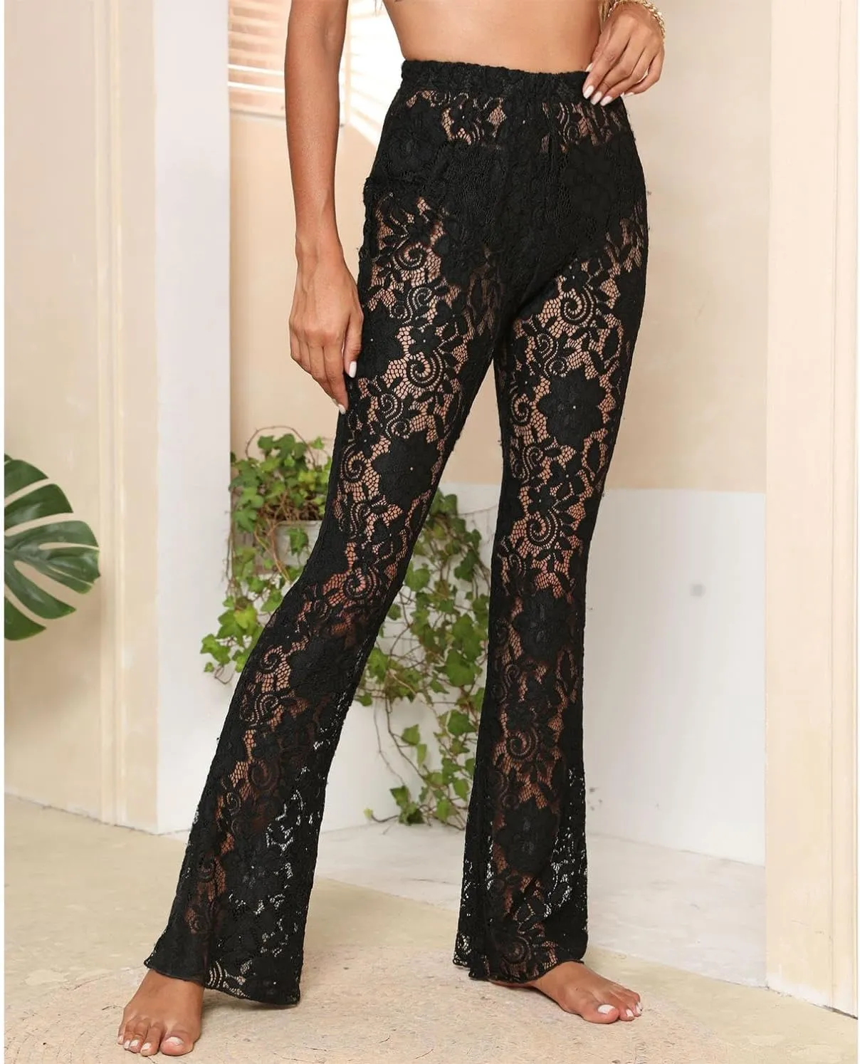 watersouprty Women's Sexy See Through Sheer Floral Lace Mesh Beach Cover Up Pants