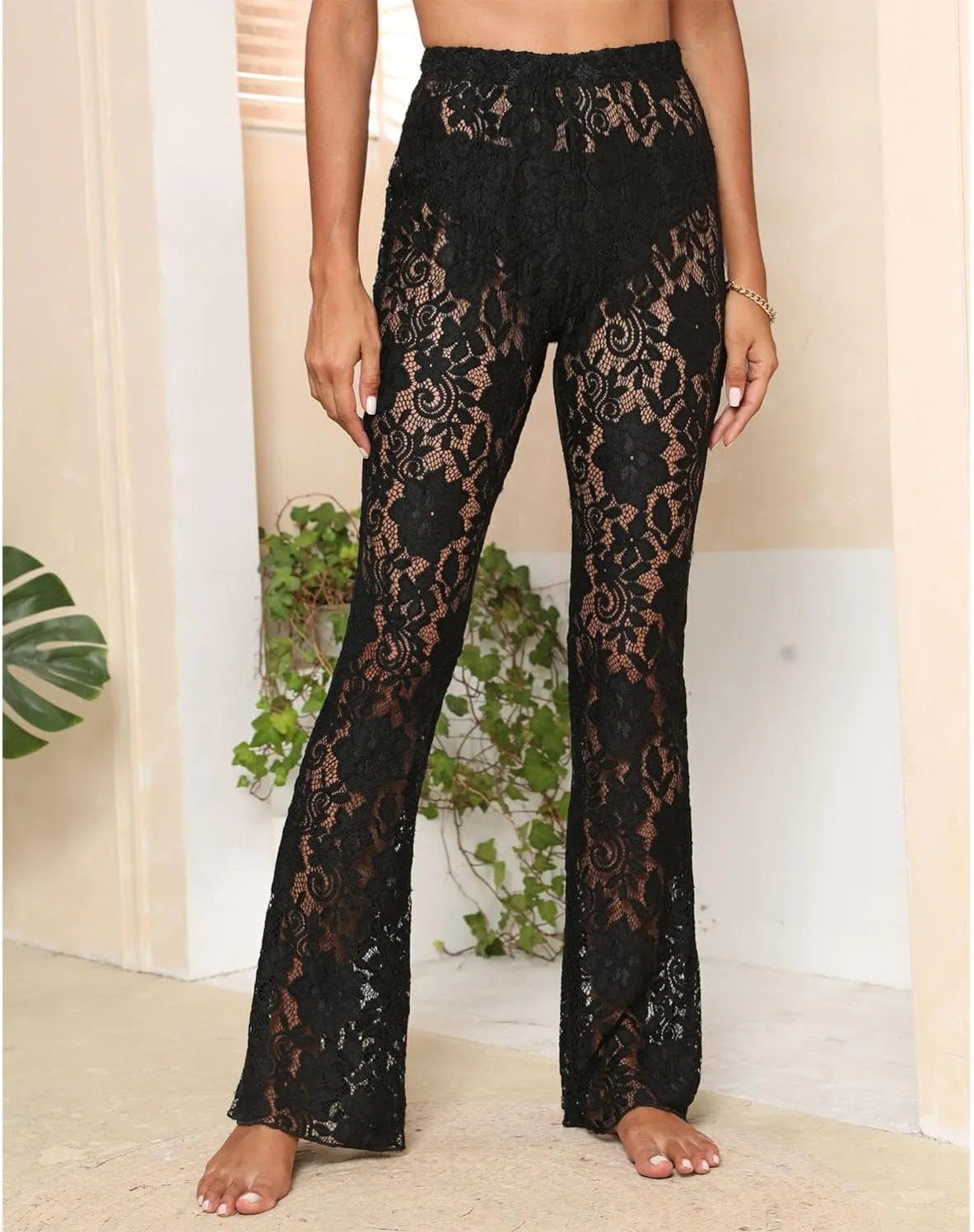 watersouprty Women's Sexy See Through Sheer Floral Lace Mesh Beach Cover Up Pants
