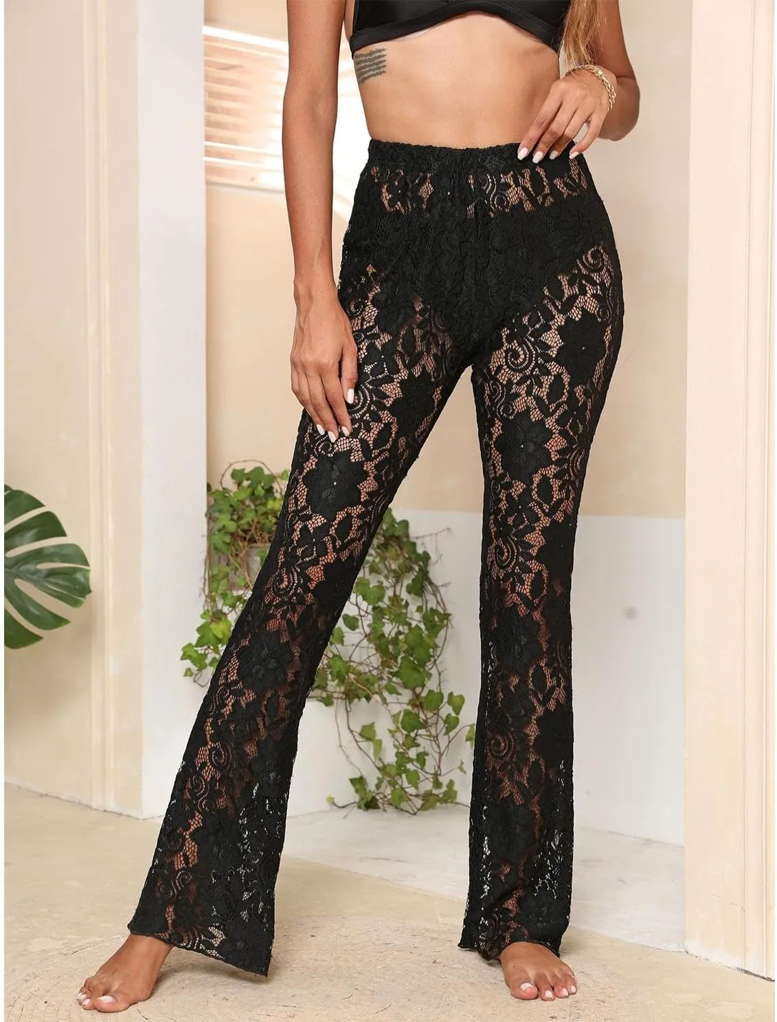 watersouprty Women's Sexy See Through Sheer Floral Lace Mesh Beach Cover Up Pants