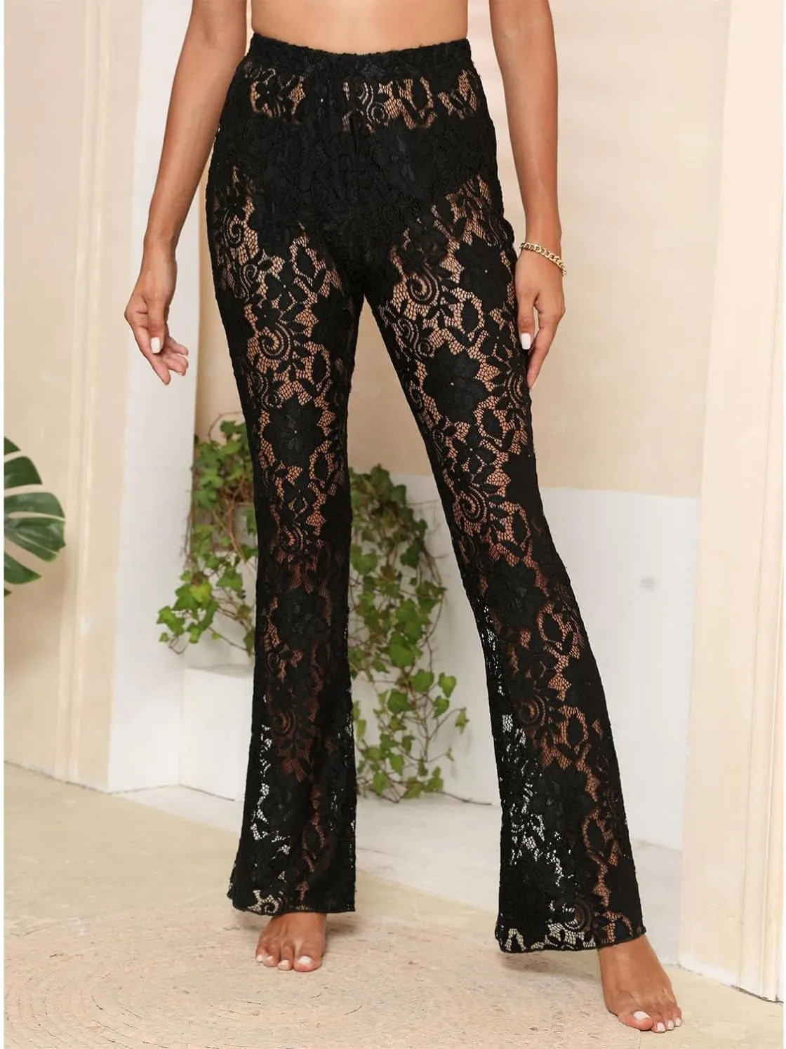 watersouprty Women's Sexy See Through Sheer Floral Lace Mesh Beach Cover Up Pants
