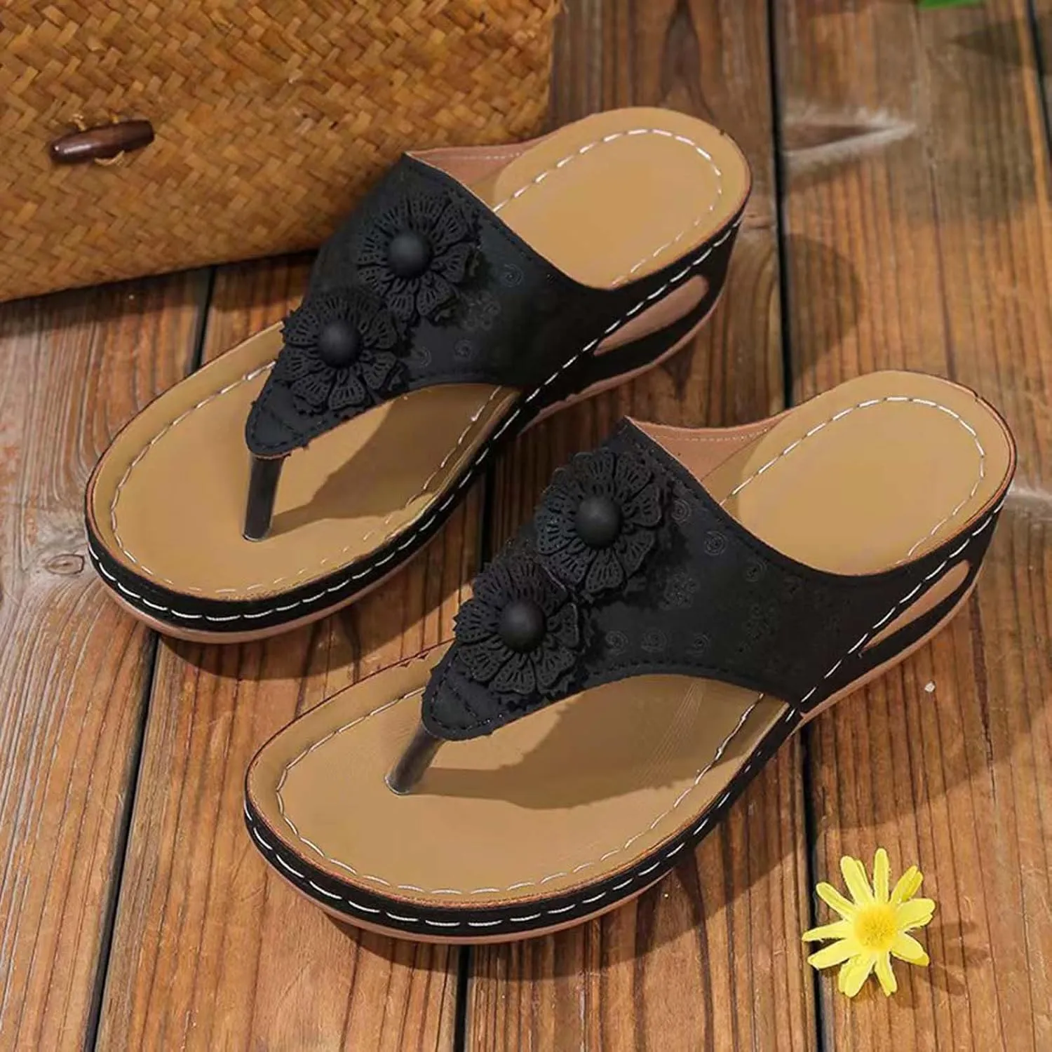 Wedge Sandals Flip-Flops Fashion Hook Loop Flower Women Sandals Cushion Women's Flip Flops