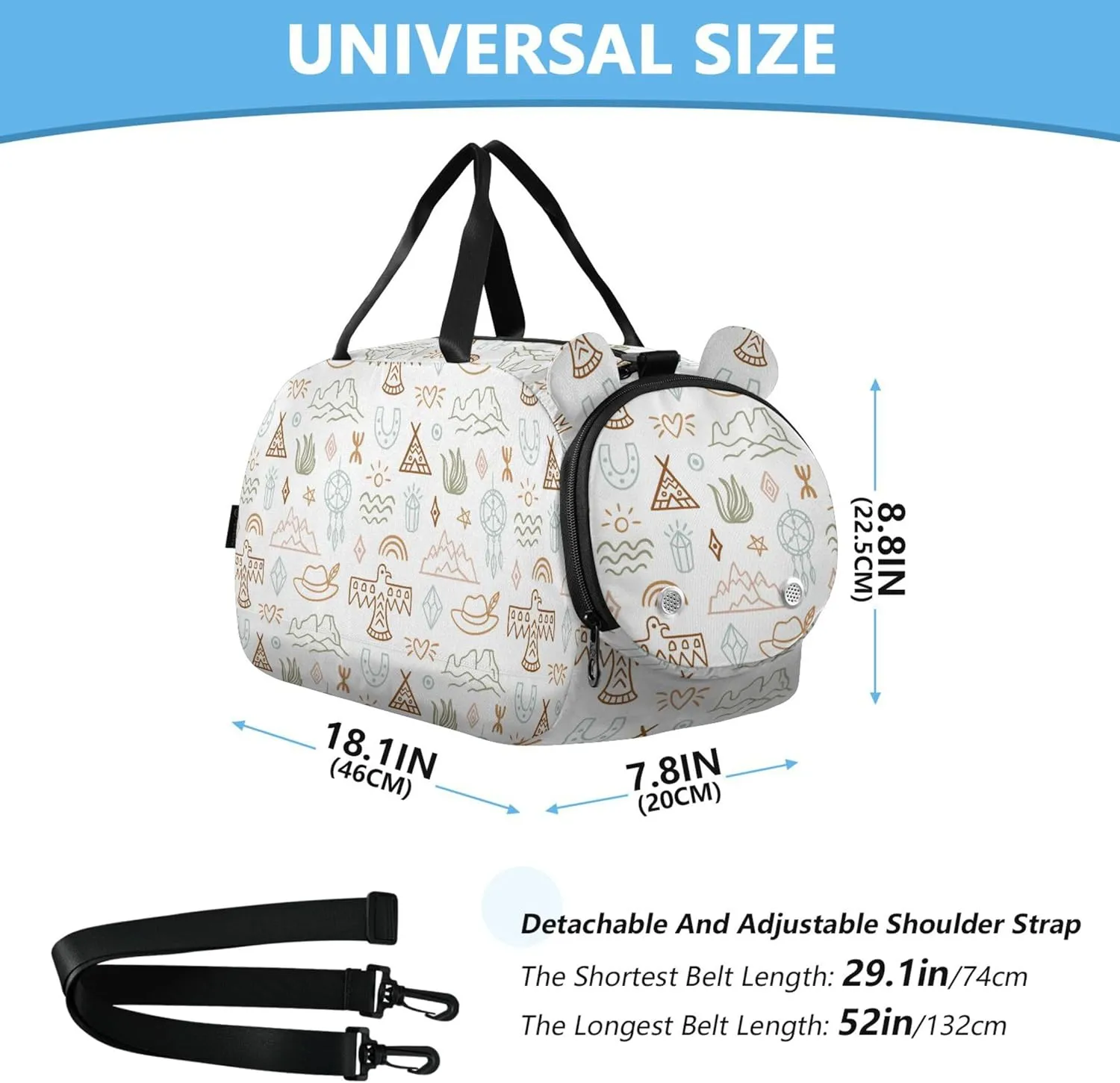 Western Boho Cowboy Duffel Bag with Shoes Compartment Multifunctional Weekender Overnight Duffel Bag for Travel, Swimming, Dance, Ballet