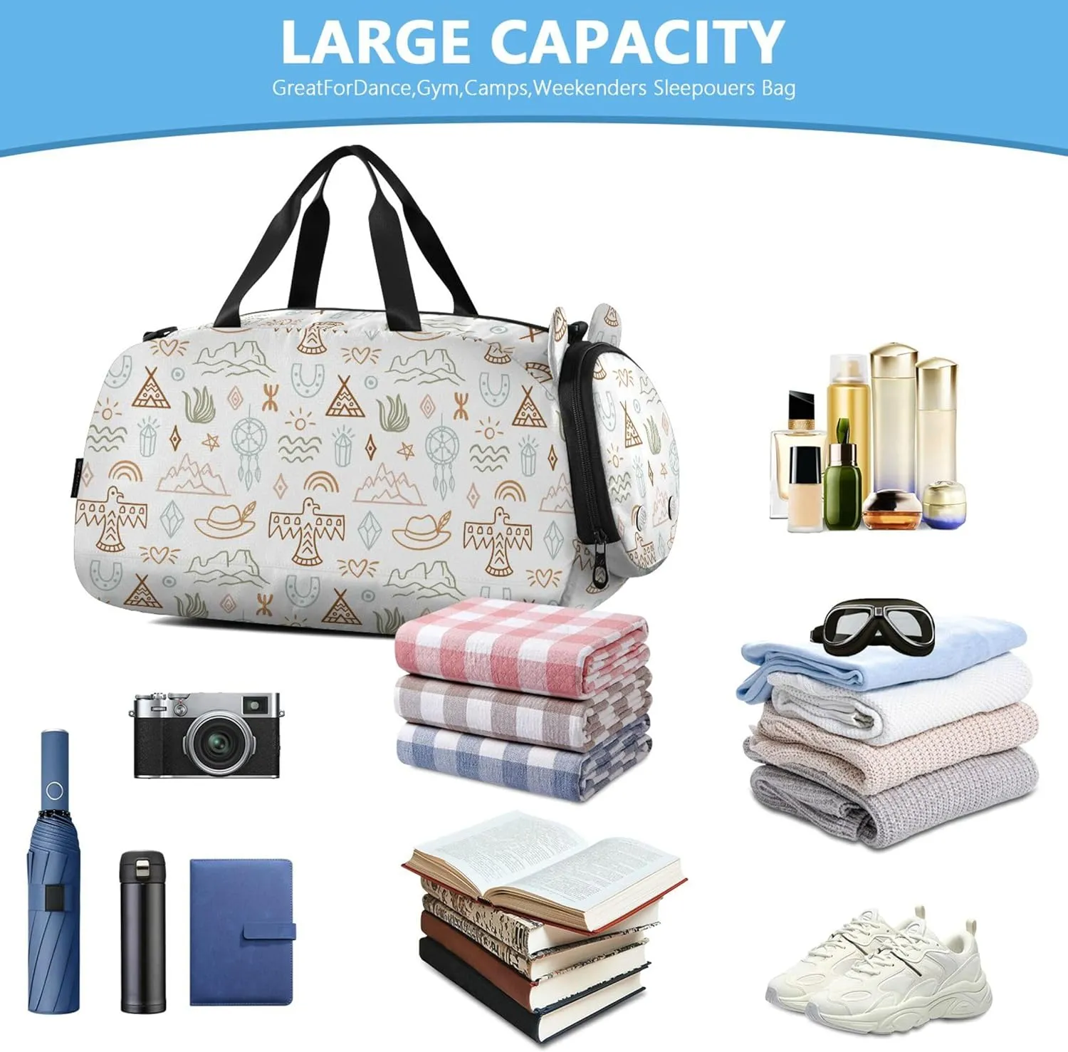 Western Boho Cowboy Duffel Bag with Shoes Compartment Multifunctional Weekender Overnight Duffel Bag for Travel, Swimming, Dance, Ballet