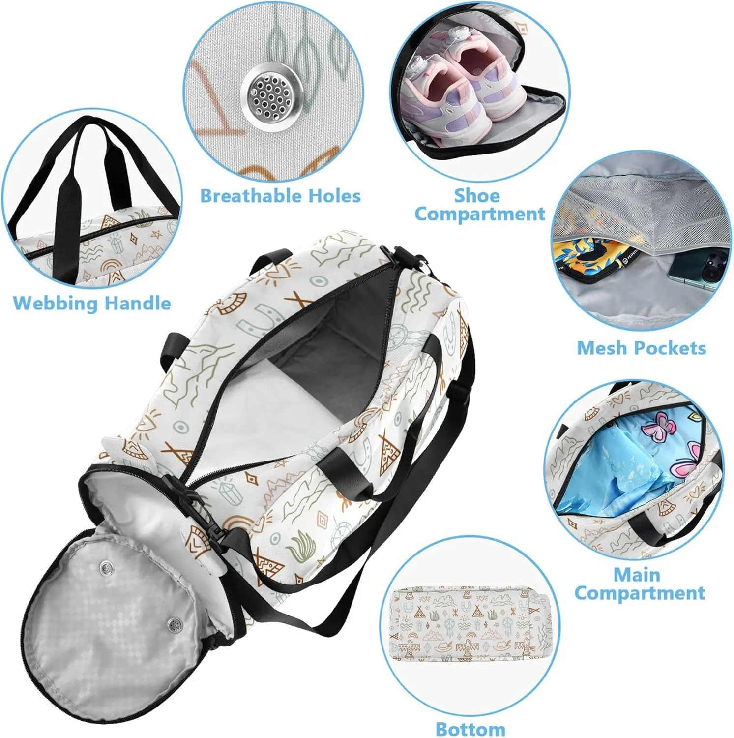 Western Boho Cowboy Duffel Bag with Shoes Compartment Multifunctional Weekender Overnight Duffel Bag for Travel, Swimming, Dance, Ballet