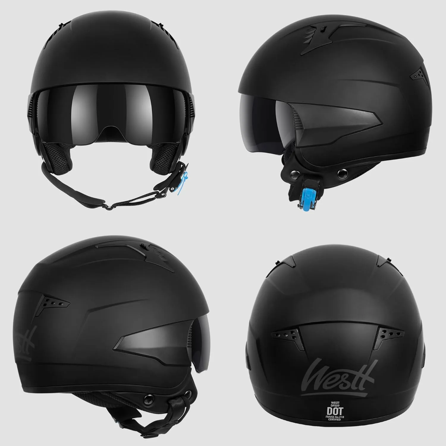 Westt Open Face Motorcycle Helmet, DOT Approved, 3/4 Helmet Motorcycle, 3 DIY Styles, Ventilation and Comfort, with Sun Visor Quick Release, for Men & Women - for Chopper, Scooter (Rover S Black)