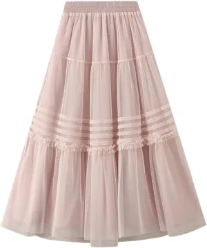 Women High Waist Loos A-Line Tulle Skirts Summer Solid Color Mesh Midi Long Skirt