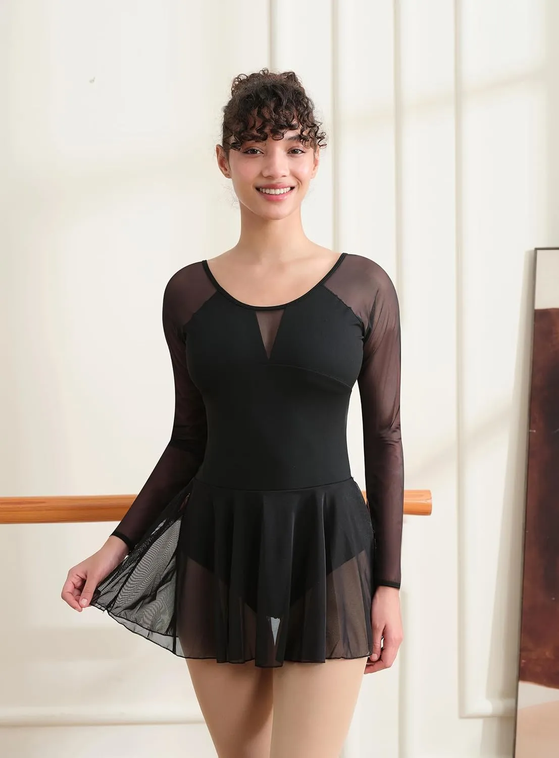 Women Long Sleeve Ballet Leotard Skirted Dance Leotard for Women, V-shape Mesh Splicing, Full Front Lining