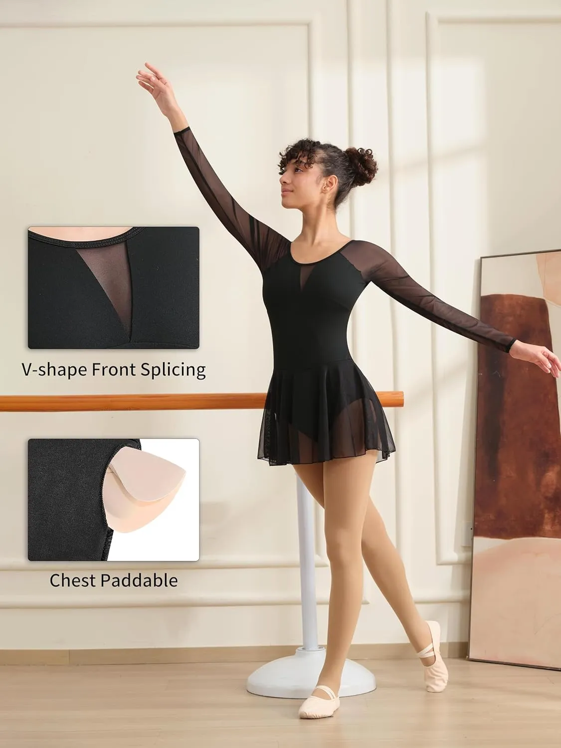 Women Long Sleeve Ballet Leotard Skirted Dance Leotard for Women, V-shape Mesh Splicing, Full Front Lining