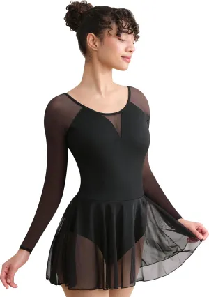 Women Long Sleeve Ballet Leotard Skirted Dance Leotard for Women, V-shape Mesh Splicing, Full Front Lining
