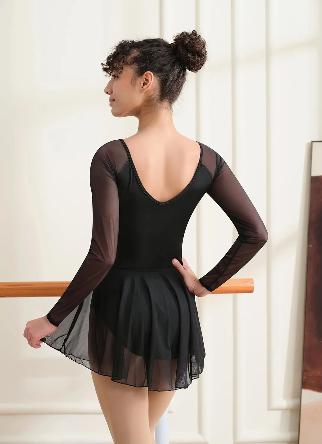 Women Long Sleeve Ballet Leotard Skirted Dance Leotard for Women, V-shape Mesh Splicing, Full Front Lining