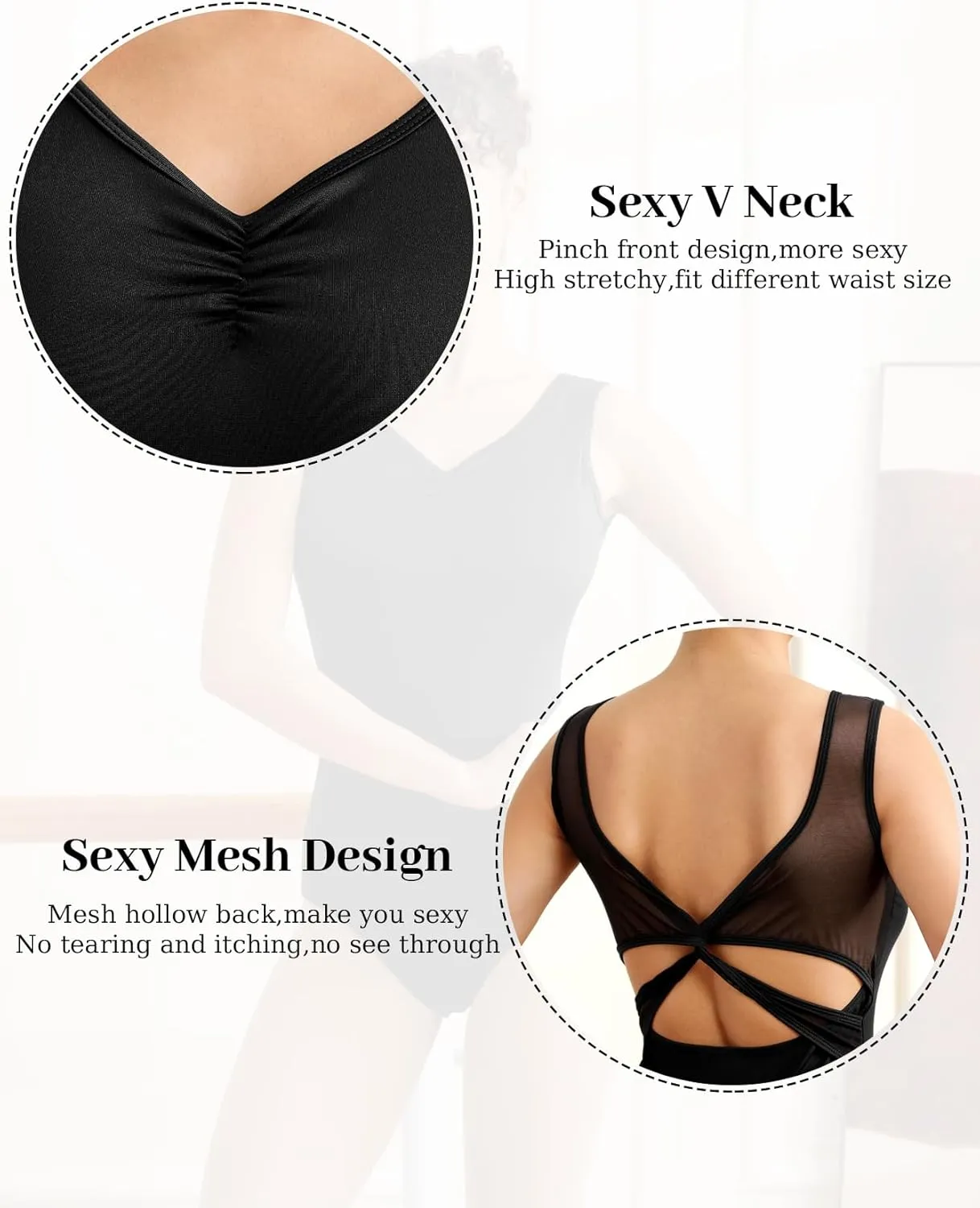 Women Long Sleeve Dance Leotard for Ballet V-Mesh Mock Neck Dancewear,Water-drop Hollow Back,Chest Lining