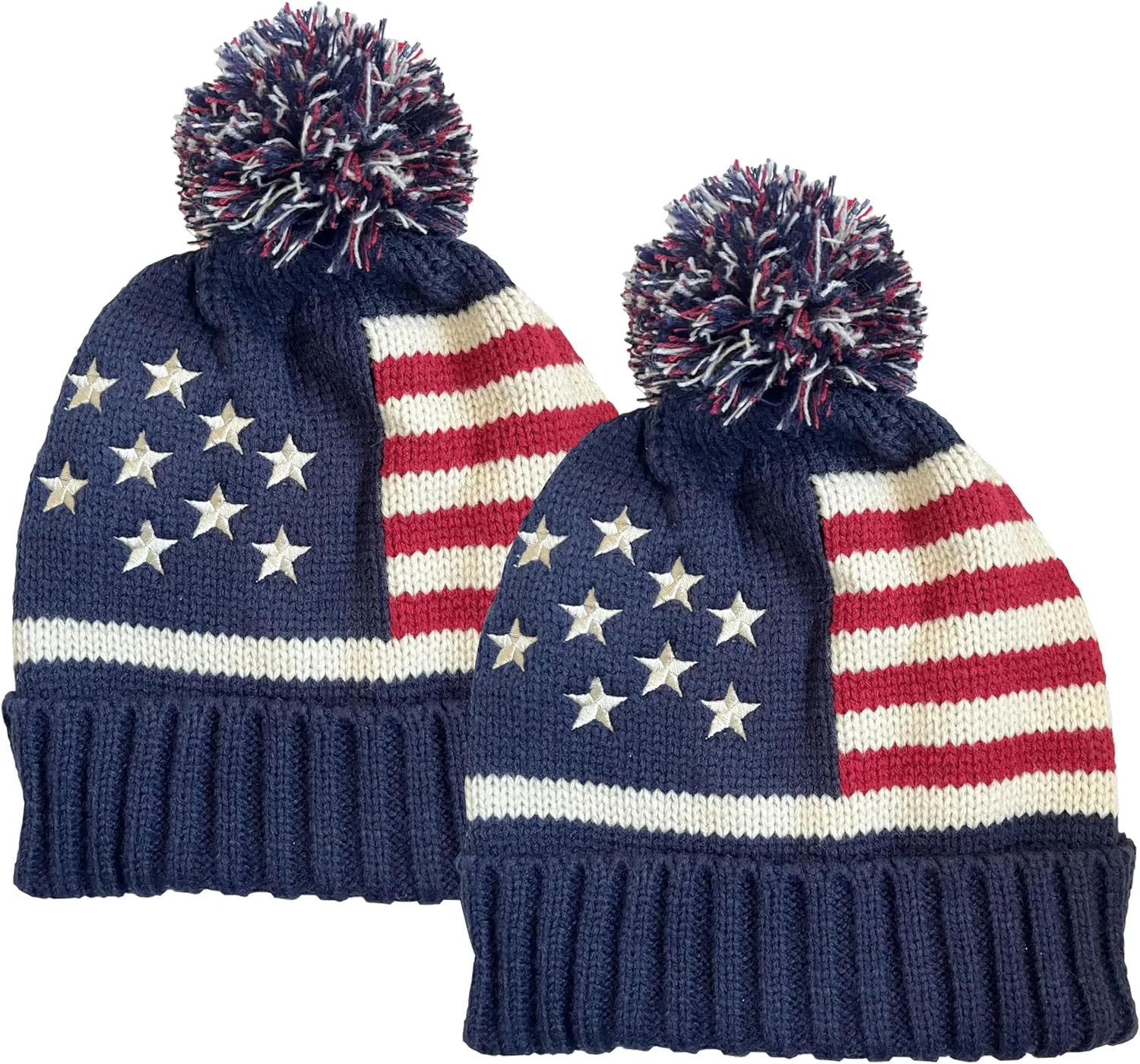 Women Men American Flag Cuffed Knit Hat USA Flag Patriotic Beanie with Pom Pom
