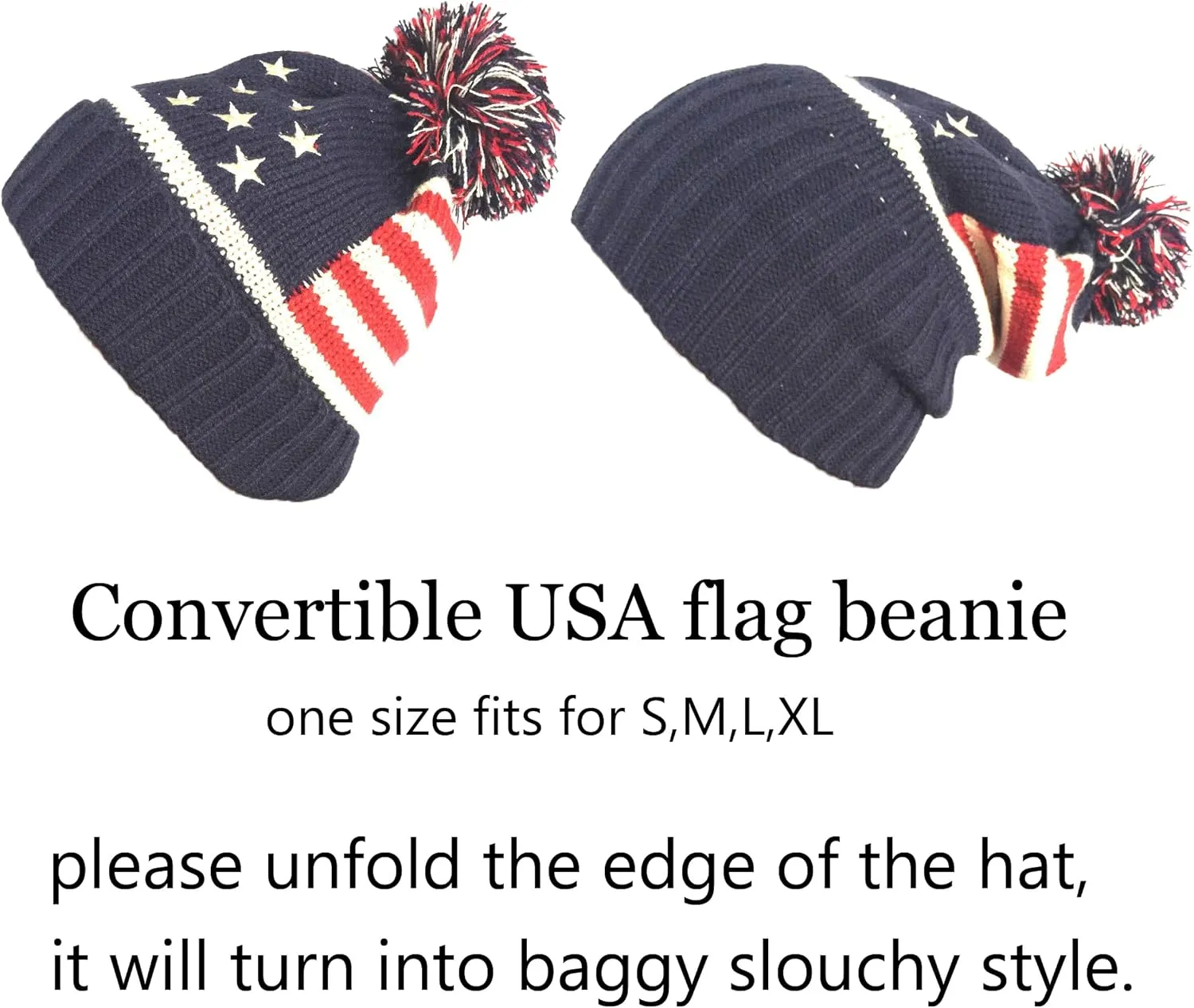 Women Men American Flag Cuffed Knit Hat USA Flag Patriotic Beanie with Pom Pom