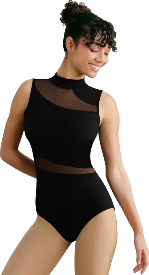 Women Mock Neck Ballet Leotards for Dance, Asymmetrical Mesh Splicing, Chest Padding, Big Hollow Back