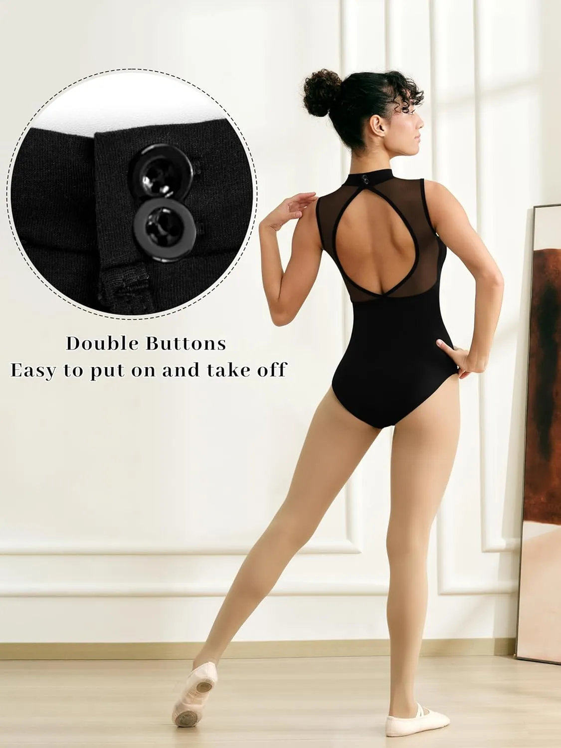 Women Mock Neck Ballet Leotards for Dance, Asymmetrical Mesh Splicing, Chest Padding, Big Hollow Back