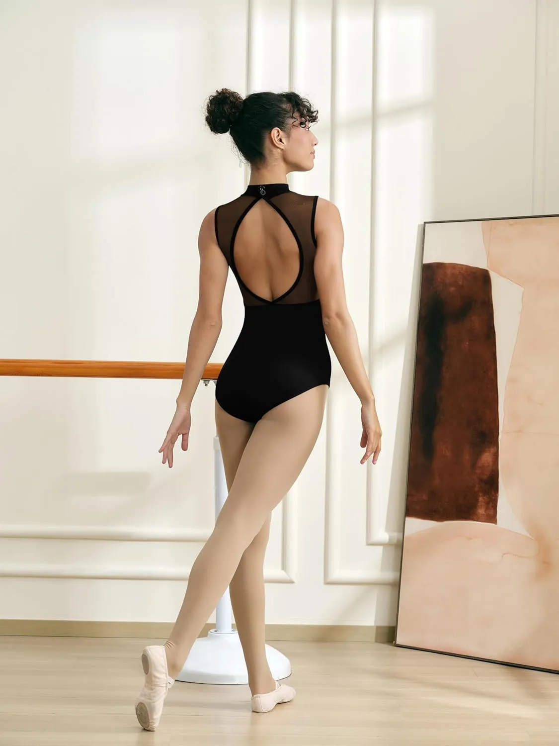 Women Mock Neck Ballet Leotards for Dance, Asymmetrical Mesh Splicing, Chest Padding, Big Hollow Back