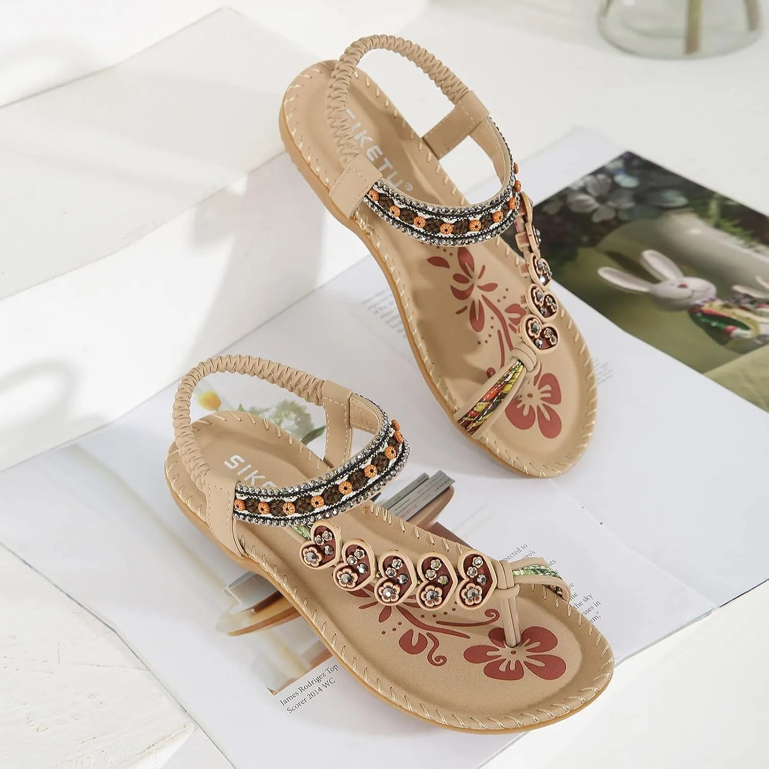Women Sandal Elastic Ankle Strap Flats Ring Toe Comfortable Flip Flops Open Toe Casual Sandals For Party