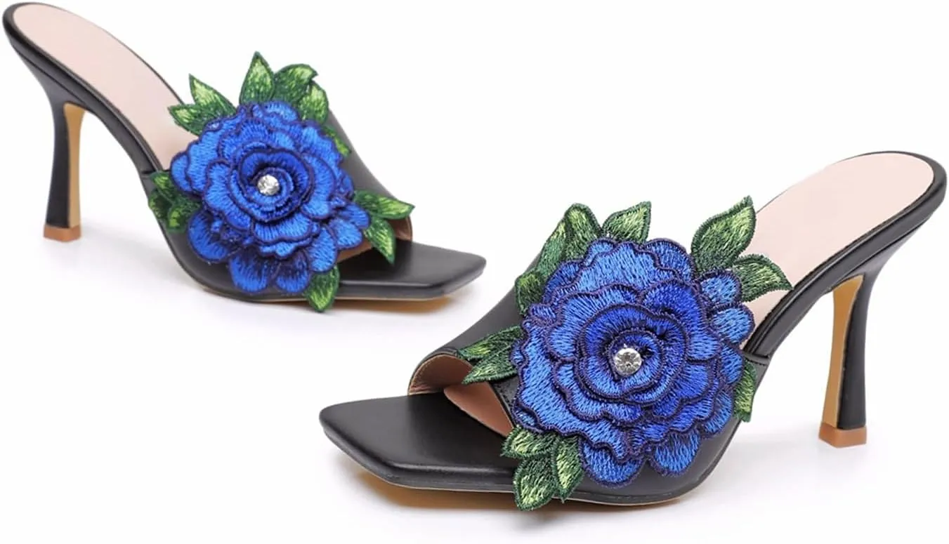 Women Square Toe Stiletto Flower Heels Elegant Floral Embroidered Slip On High Heels Mules Sandals Wedding Party Dress Shoes