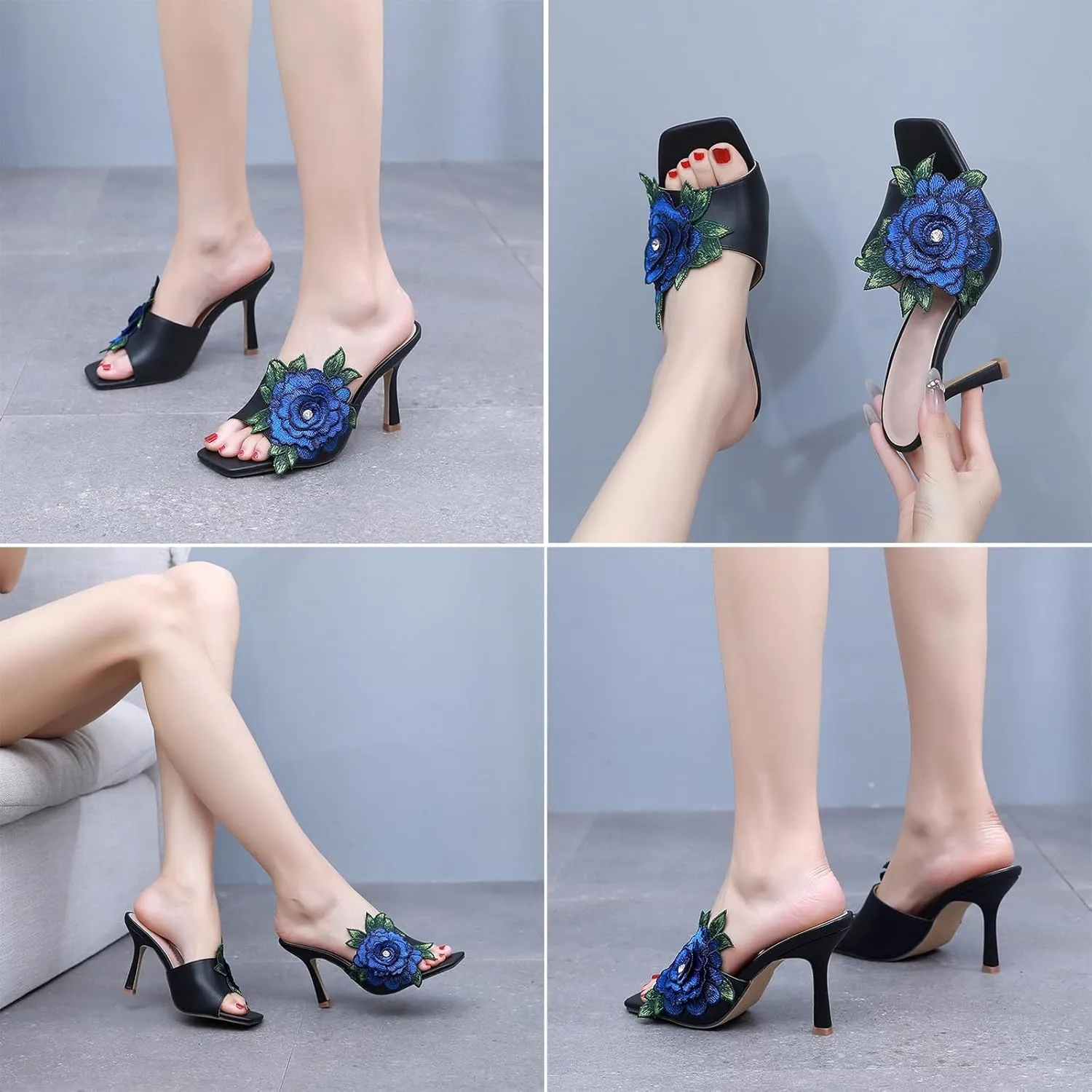 Women Square Toe Stiletto Flower Heels Elegant Floral Embroidered Slip On High Heels Mules Sandals Wedding Party Dress Shoes