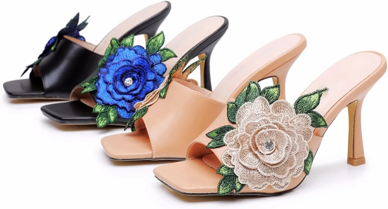 Women Square Toe Stiletto Flower Heels Elegant Floral Embroidered Slip On High Heels Mules Sandals Wedding Party Dress Shoes