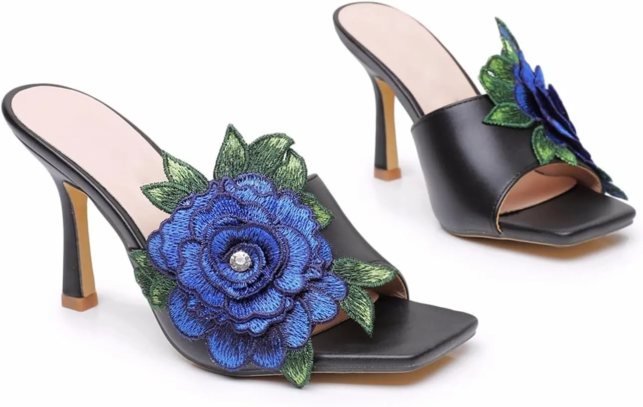 Women Square Toe Stiletto Flower Heels Elegant Floral Embroidered Slip On High Heels Mules Sandals Wedding Party Dress Shoes