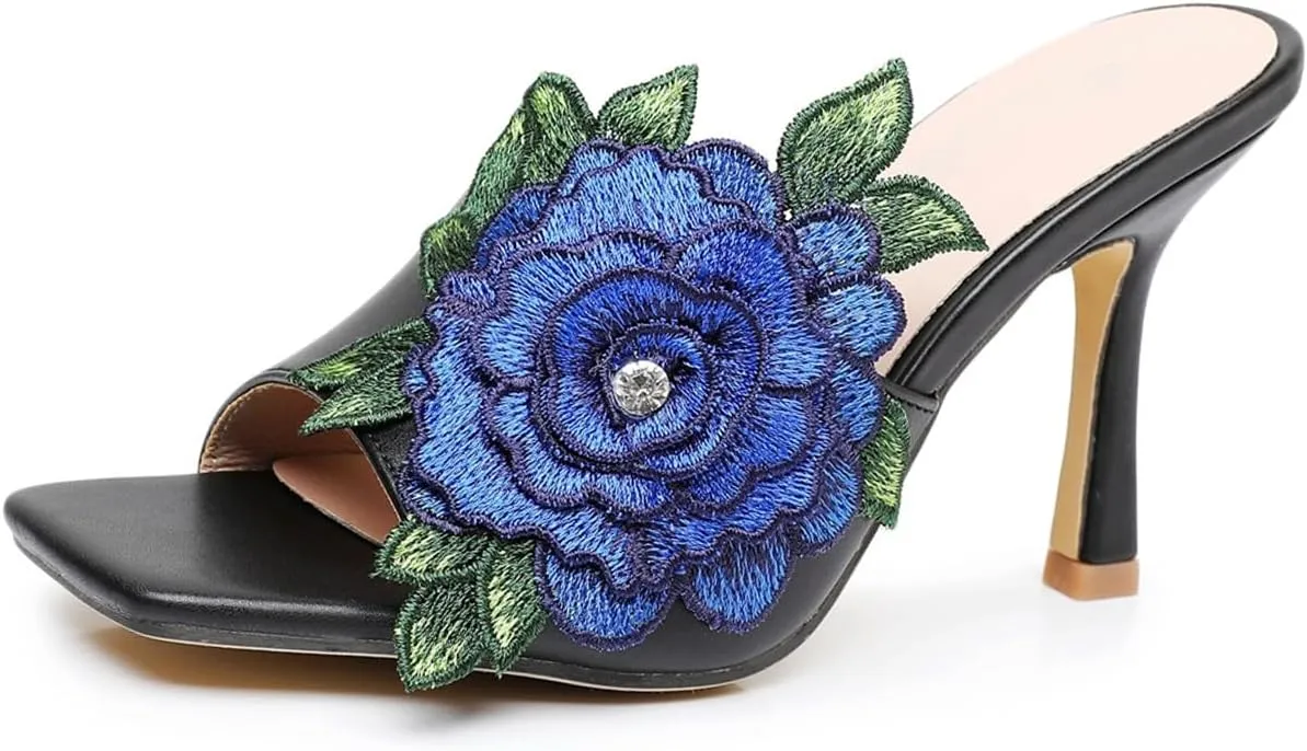 Women Square Toe Stiletto Flower Heels Elegant Floral Embroidered Slip On High Heels Mules Sandals Wedding Party Dress Shoes
