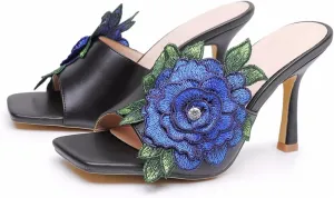 Women Square Toe Stiletto Flower Heels Elegant Floral Embroidered Slip On High Heels Mules Sandals Wedding Party Dress Shoes