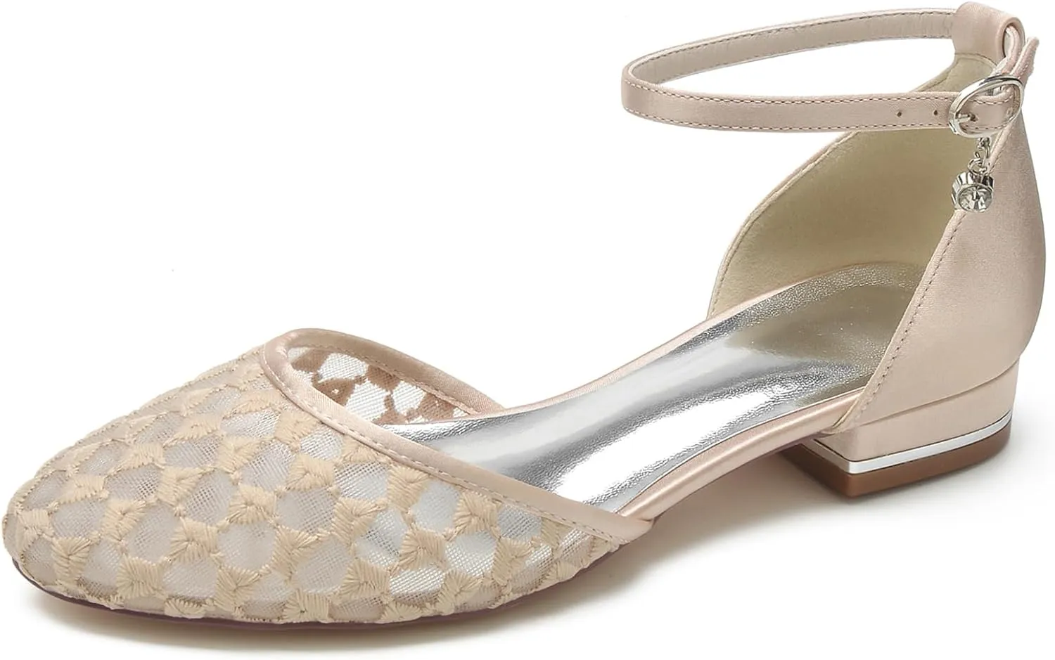 Women Wedding Flats Satin Mesh Shoes Closed Toe Bridal Ankle Buckle Shoes Low Heel Ballet Flat Sandles