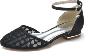 Women Wedding Flats Satin Mesh Shoes Closed Toe Bridal Ankle Buckle Shoes Low Heel Ballet Flat Sandles