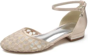 Women Wedding Flats Satin Mesh Shoes Closed Toe Bridal Ankle Buckle Shoes Low Heel Ballet Flat Sandles