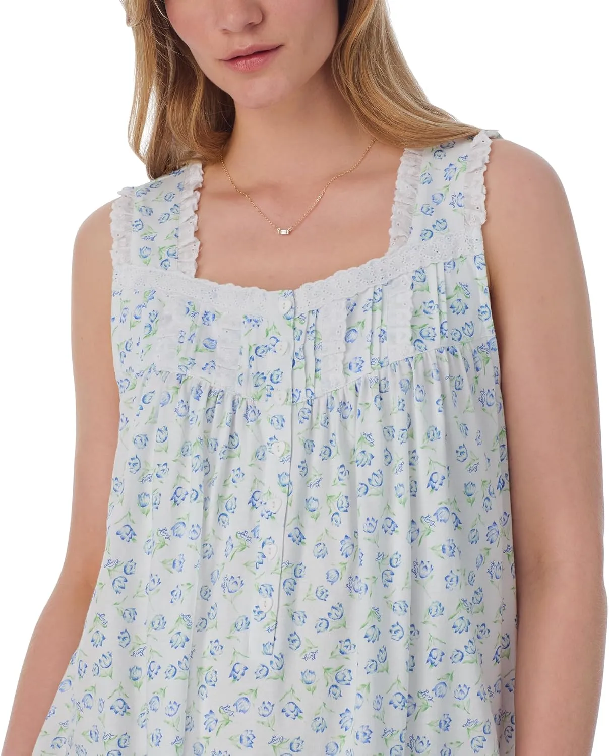 Women's 100% Cotton Sleeveless Ballet Nightgown, Lace Trim, Pintuck & Button Detail, 50” Length