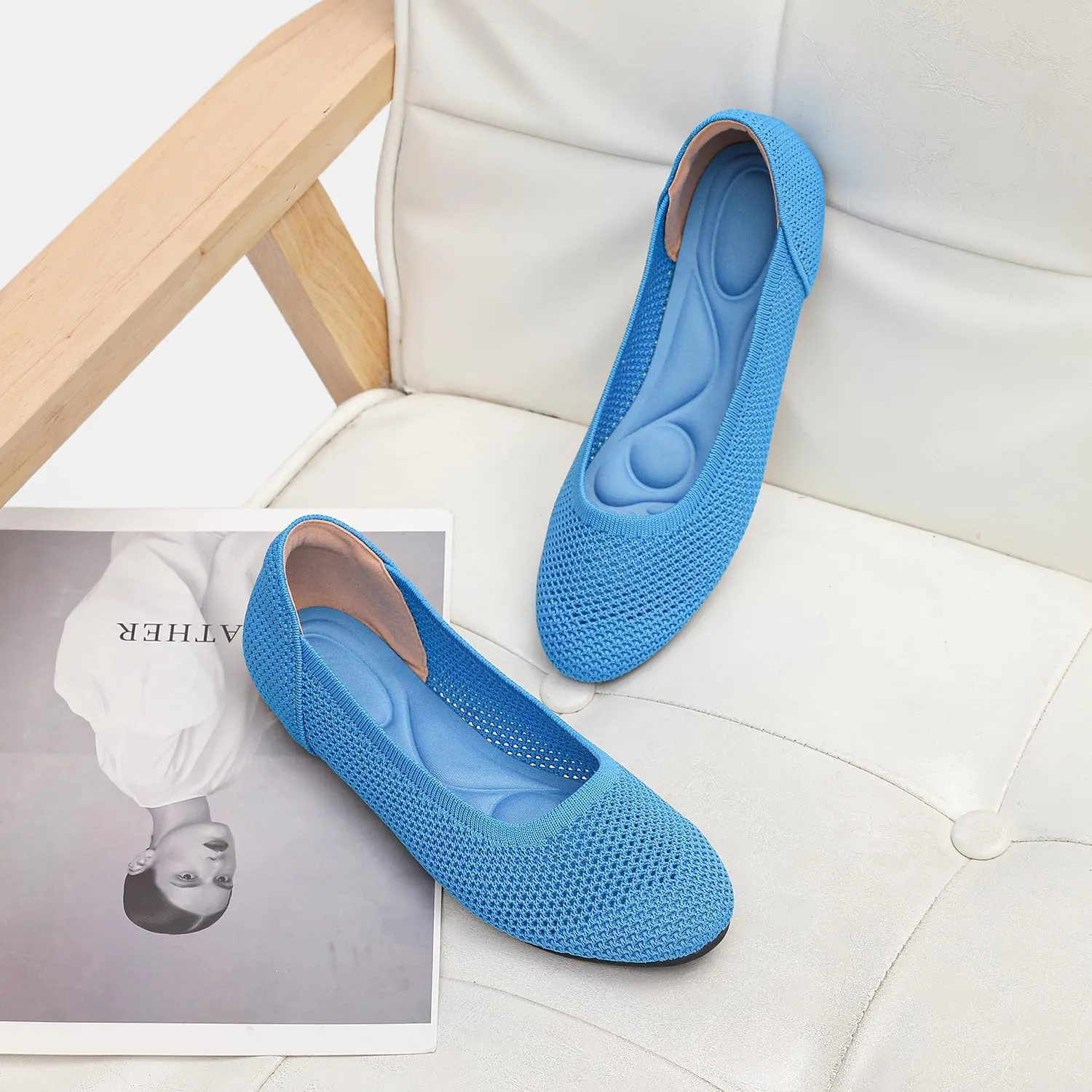 Women’s Ballet Flat Shoes Knit Dress Round Toe Slip On Breathable Classic Hollowed Out Walking Comfortable Casual Soft Shoes