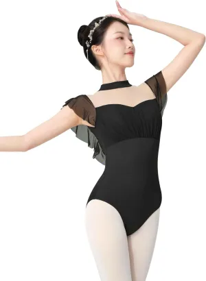 Women's Ballet Leotards with Mesh Splicing, Ruffle Sleeve Dance Bodysuit with Full Front Lining
