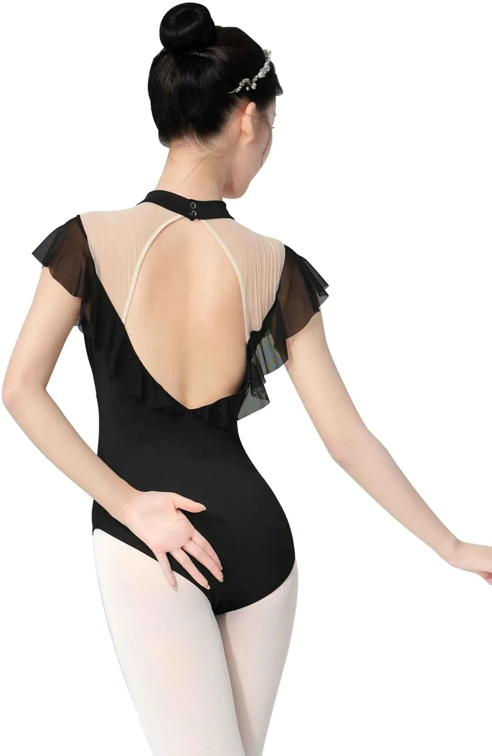 Women's Ballet Leotards with Mesh Splicing, Ruffle Sleeve Dance Bodysuit with Full Front Lining