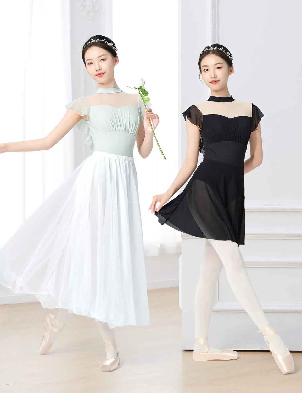 Women's Ballet Leotards with Mesh Splicing, Ruffle Sleeve Dance Bodysuit with Full Front Lining