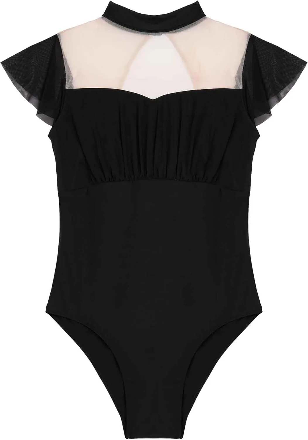 Women's Ballet Leotards with Mesh Splicing, Ruffle Sleeve Dance Bodysuit with Full Front Lining