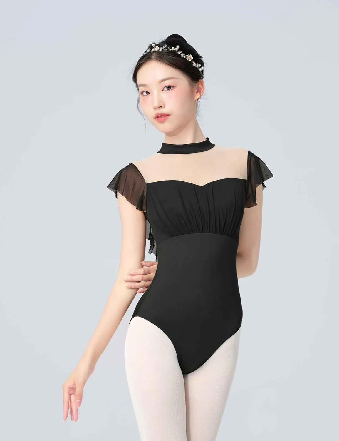 Women's Ballet Leotards with Mesh Splicing, Ruffle Sleeve Dance Bodysuit with Full Front Lining