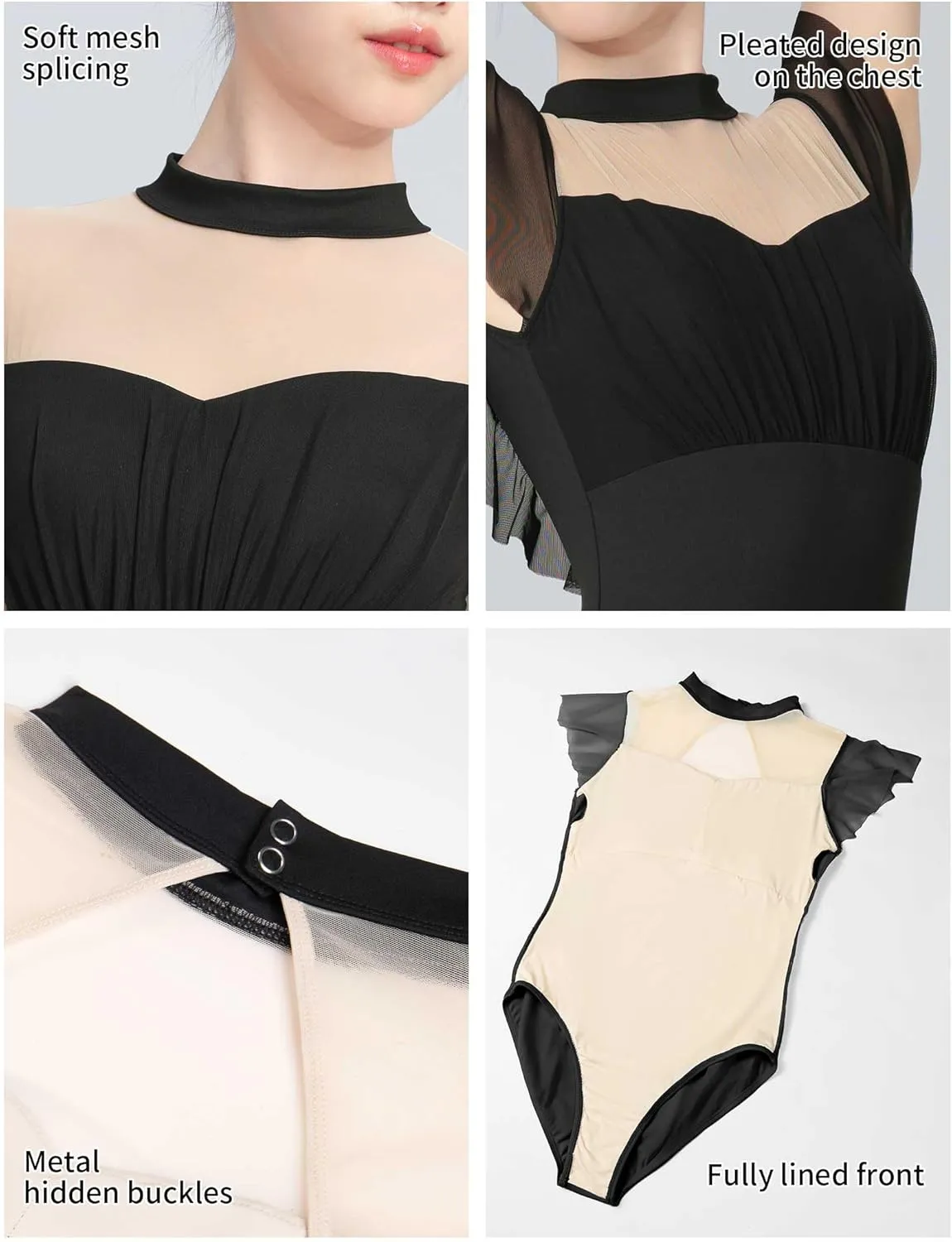 Women's Ballet Leotards with Mesh Splicing, Ruffle Sleeve Dance Bodysuit with Full Front Lining