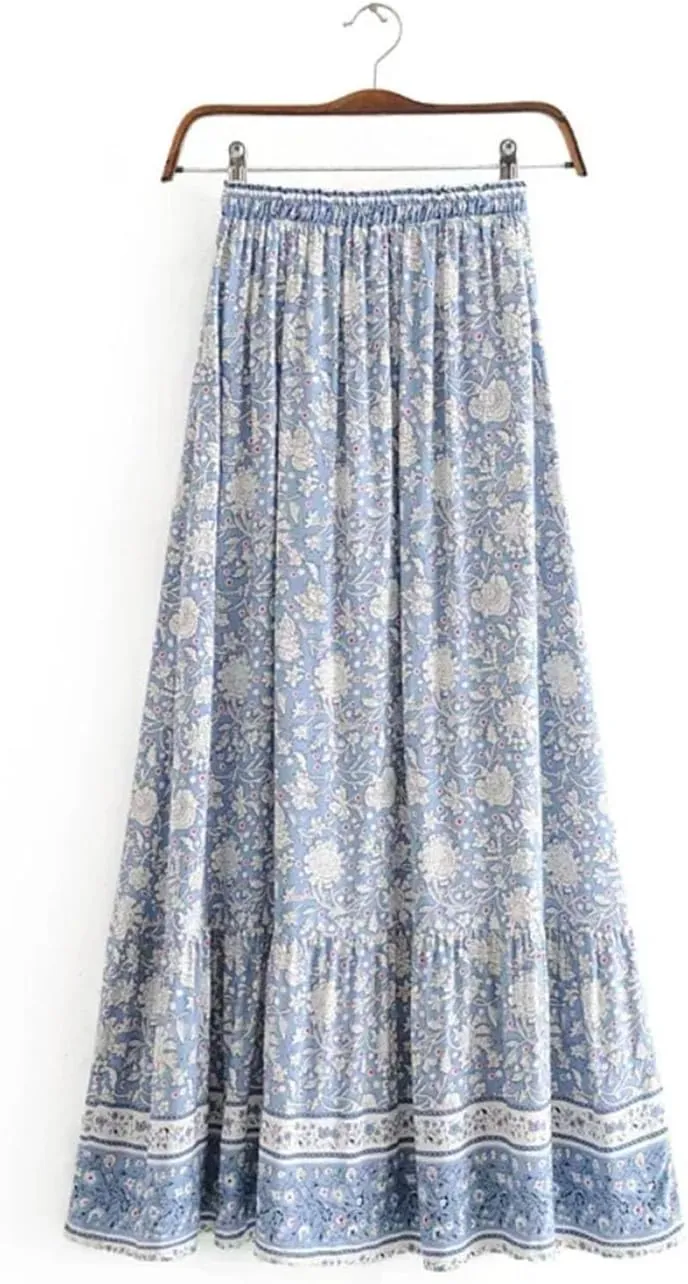 Women's Bohemian Maxi Skirt Vintage Floral Print A-Line Design High Waist Hippie Beach Style Boho Skirt for Summer