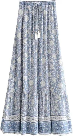 Women's Bohemian Maxi Skirt Vintage Floral Print A-Line Design High Waist Hippie Beach Style Boho Skirt for Summer