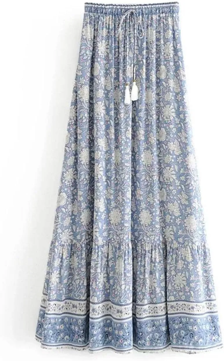 Women's Bohemian Maxi Skirt Vintage Floral Print A-Line Design High Waist Hippie Beach Style Boho Skirt for Summer