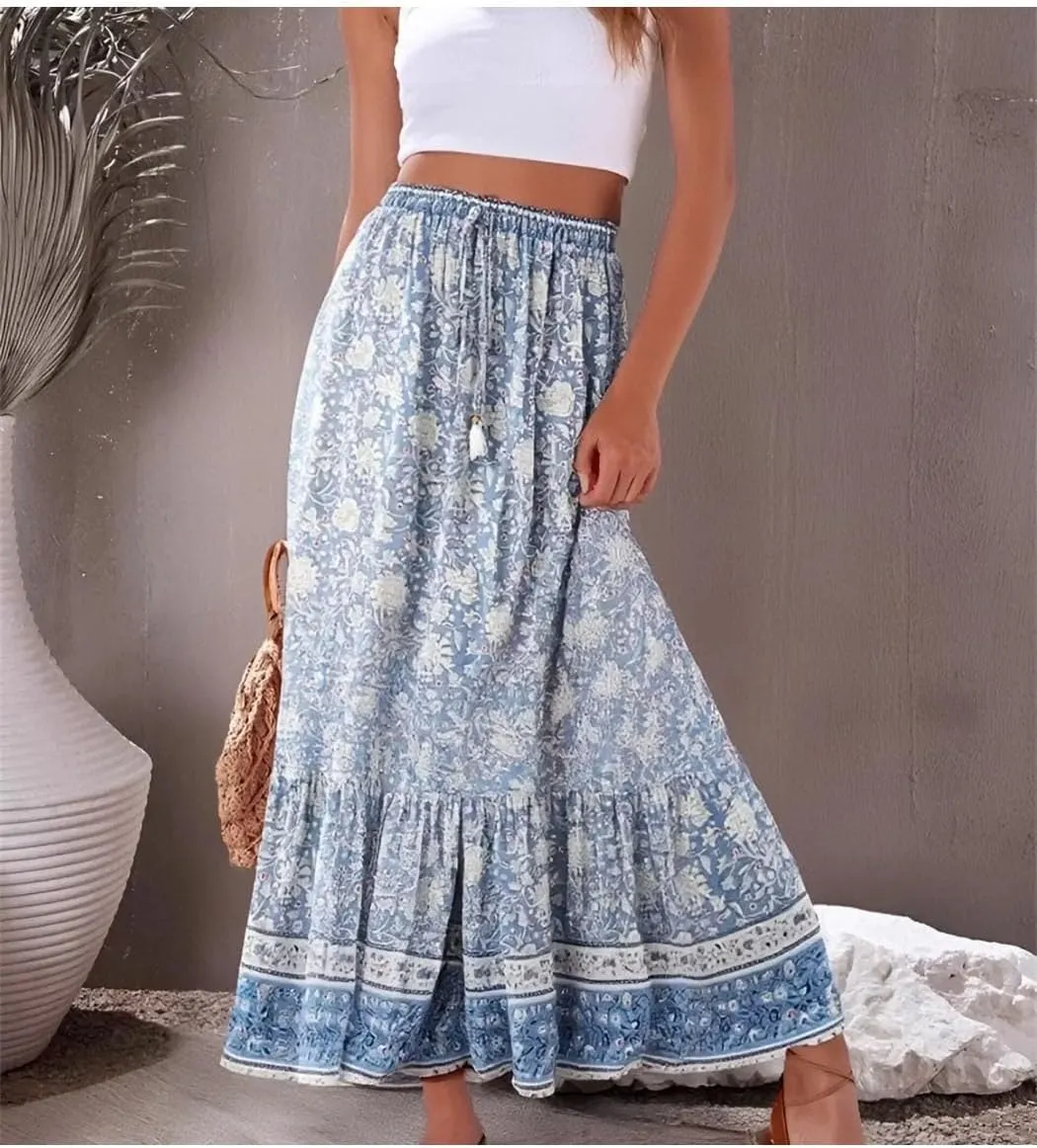 Women's Bohemian Maxi Skirt Vintage Floral Print A-Line Design High Waist Hippie Beach Style Boho Skirt for Summer