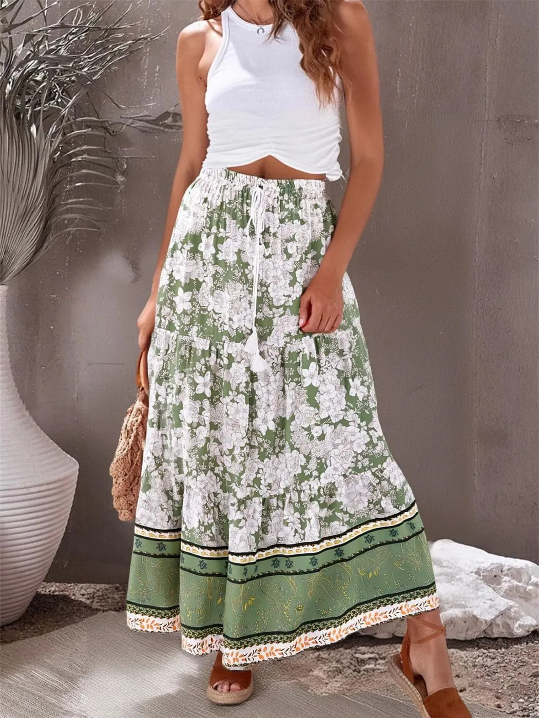 Women's Bohemian Maxi Skirt Vintage Floral Print A-Line Design High Waist Hippie Beach Style Boho Skirt for Summer