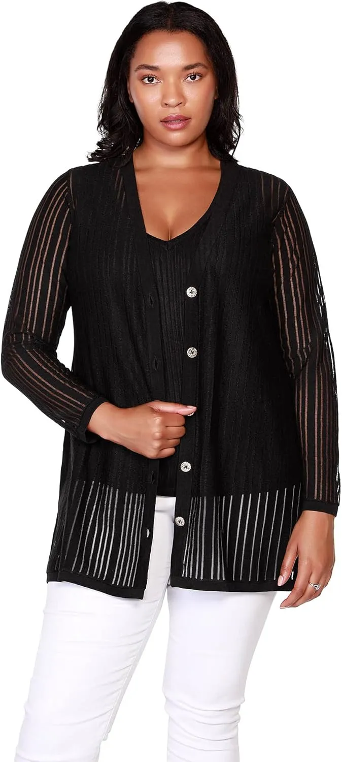 Women's Button Front Duster Cardigan in Semi Sheer Knit | Curvy Plus Size