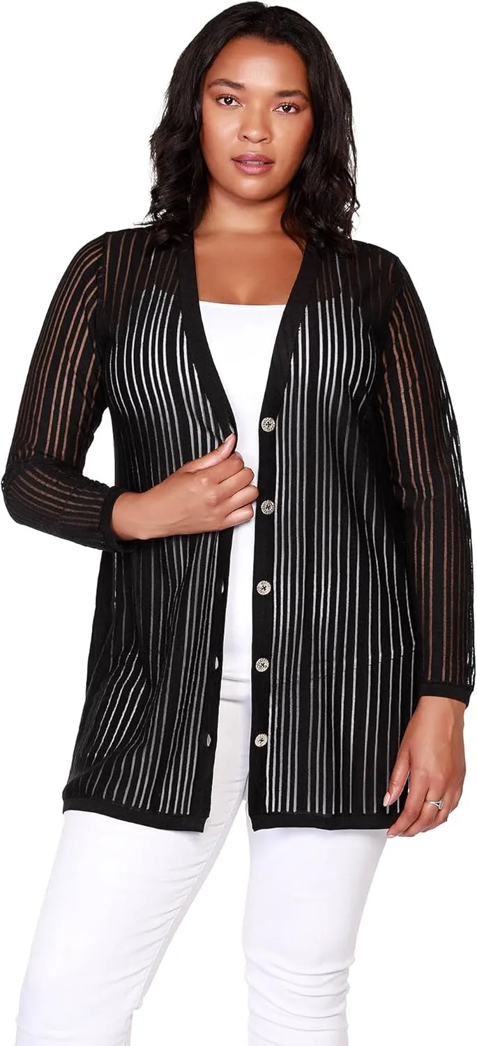 Women's Button Front Duster Cardigan in Semi Sheer Knit | Curvy Plus Size