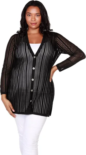 Women's Button Front Duster Cardigan in Semi Sheer Knit | Curvy Plus Size
