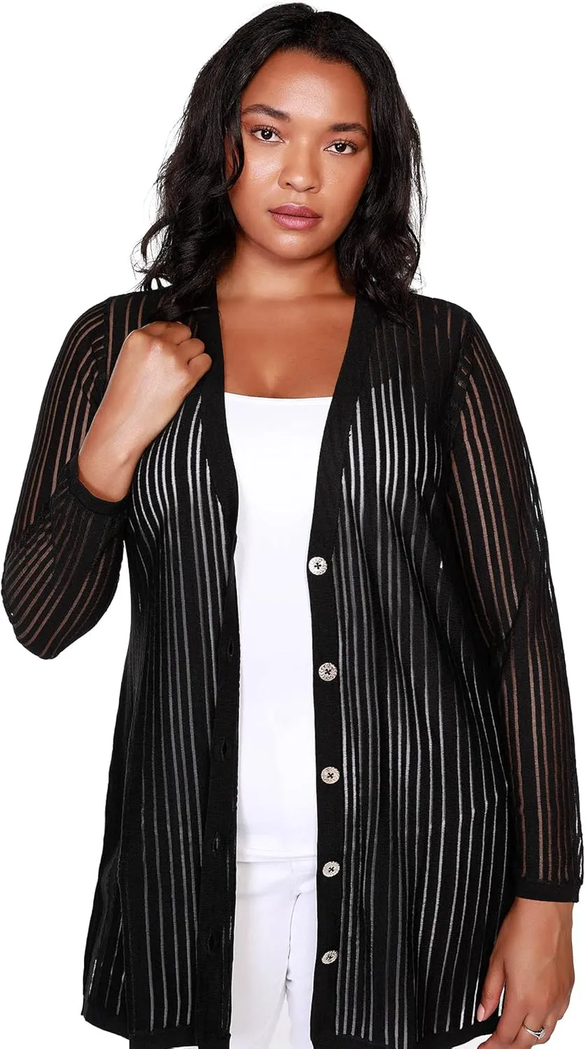 Women's Button Front Duster Cardigan in Semi Sheer Knit | Curvy Plus Size